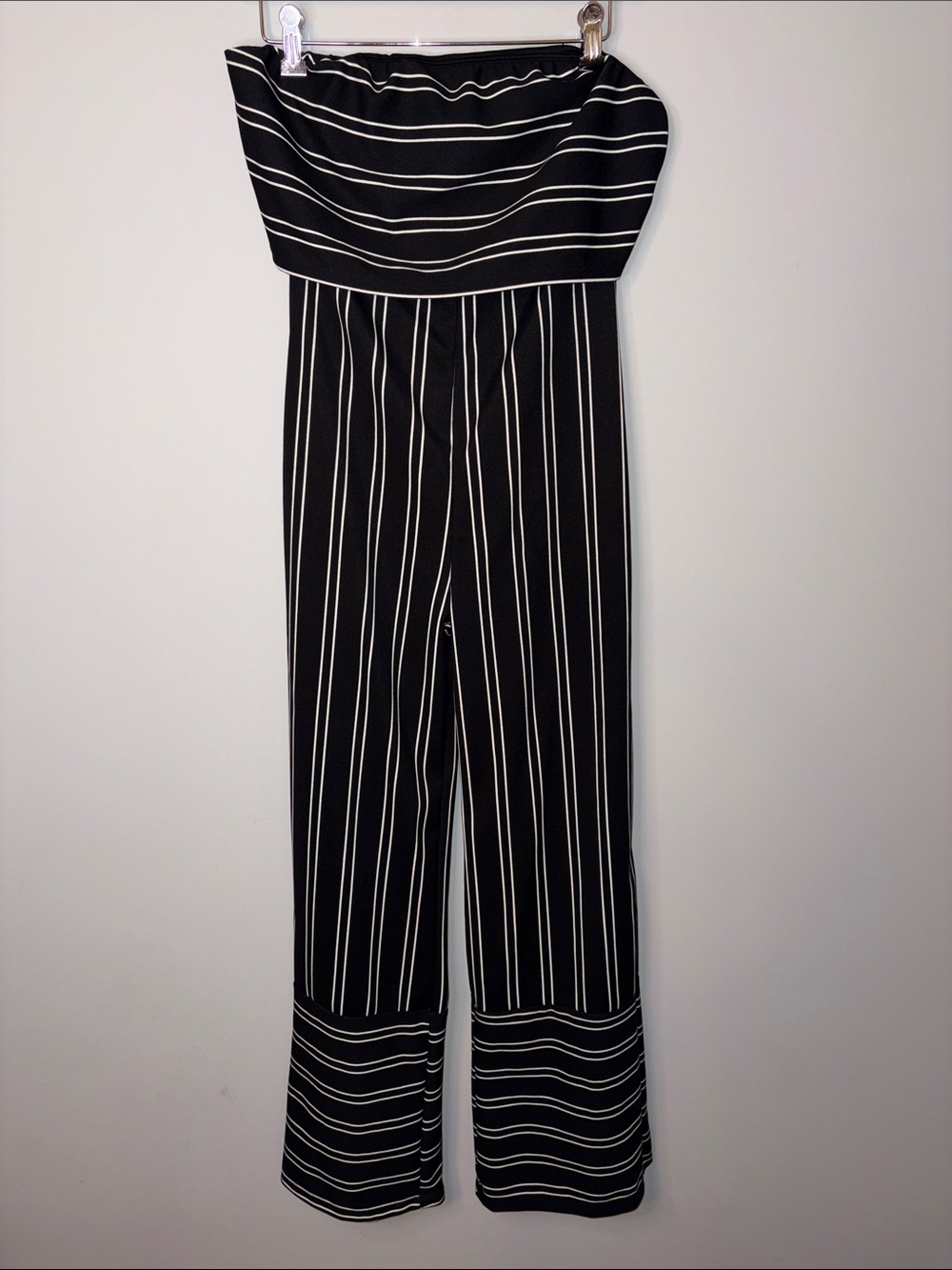 Strapless Black & White Vertical-Stripe Jumpsuit Medium